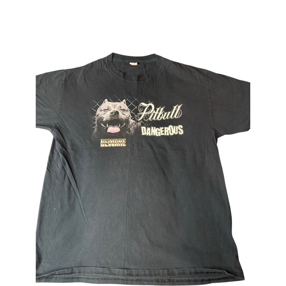 Vintage Large Pitbull Dog Beware Dangerous Graphic T-Shirt Y2K 90s Double Sided